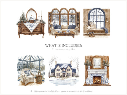 Winter Residence - Watercolor Clipart Sets, Elegant Cozy Christmas | 61 PNG
