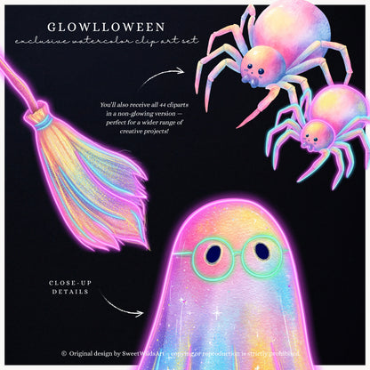 Glowlloween - Neon Halloween Clipart, Ghost, Cute Spooky, Pumpkins | 47 PNG