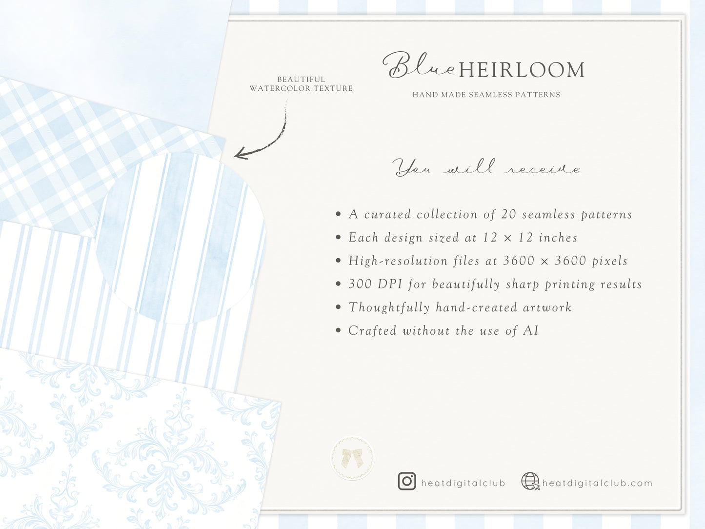 Blue Heirloom - Seamless Patterns, Classic Stripe Gingham Damask Bows, Elegant Digital Paper | 20 JPEG
