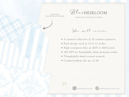 Blue Heirloom - Seamless Patterns, Classic Stripe Gingham Damask Bows, Elegant Digital Paper | 20 JPEG