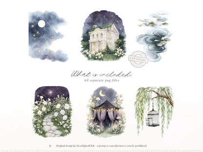 Firefly Garden - Clipart, Night Summer Garden, Moonlight, Cottagecore, Mystical Garden | 60 PNG