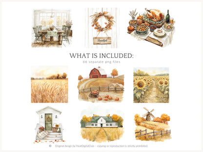 Grateful Feast - Thanksgiving Day Clipart, Autumn Harvest Farm, Fall, Cozy Holiday | 66 PNG