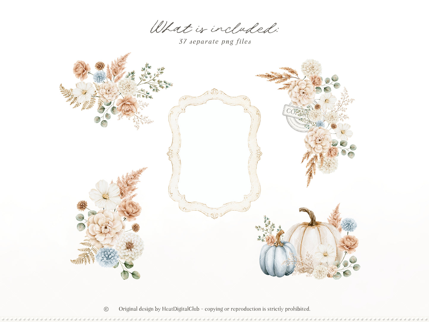 Gentle Fall - Floral Arrangements Clipart, Neutral Floral Autumn, Beige Flowers, Fall Botanical Elements, Pumpkins | 37 PNG