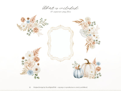 Gentle Fall - Floral Arrangements Clipart, Neutral Floral Autumn, Beige Flowers, Fall Botanical Elements, Pumpkins | 37 PNG