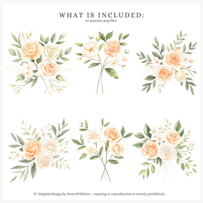 Sweet Peach - Floral Arrangements, Peach Blossom, Jasmine, Cream Roses | 20 PNG
