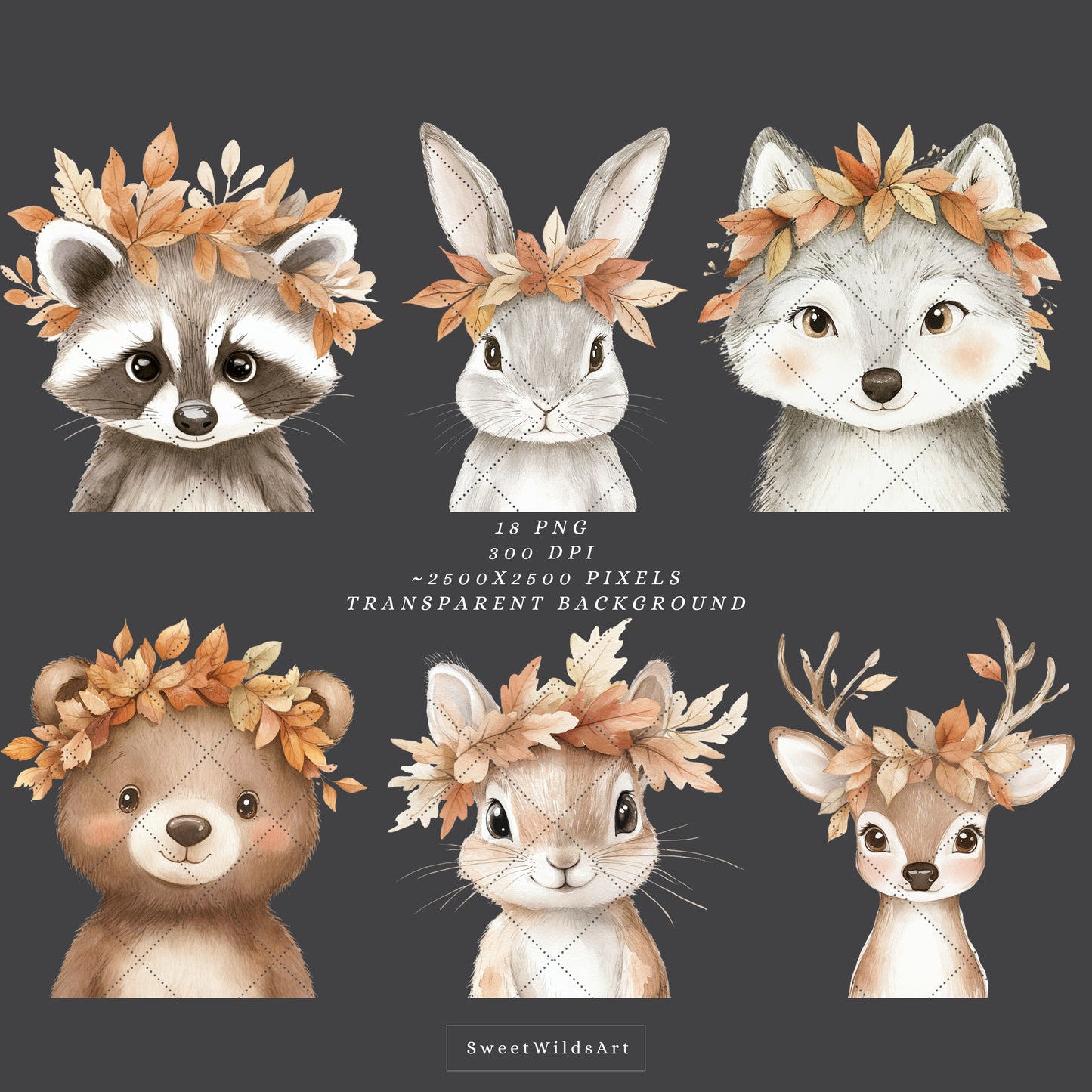 Fall Portraits - Cute Animals Clipart, Baby Shower, Autumn Nursery | 18 PNG