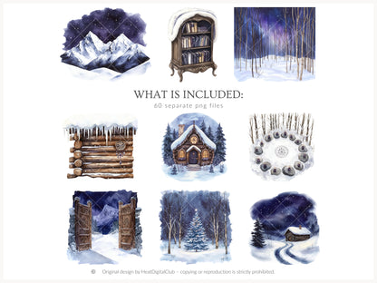 Winter Oracle - Watercolor Clipart, Magical, Snow Forest Witchy, Mystical | 60 PNG