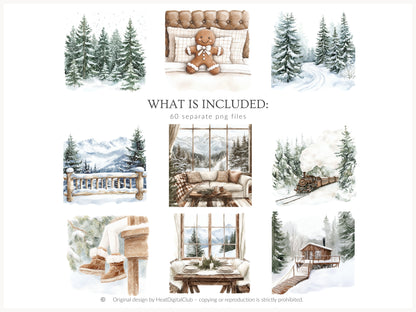 Winter Cocoa - Clipart Set, Elegant Cozy Christmas | 60 PNG