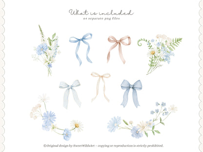 Sweet Wilds - Flowers Clipart, Meadow Flowers, Light Blue Floral, Wildflower Baby Shower | 70 PNG/JPEG