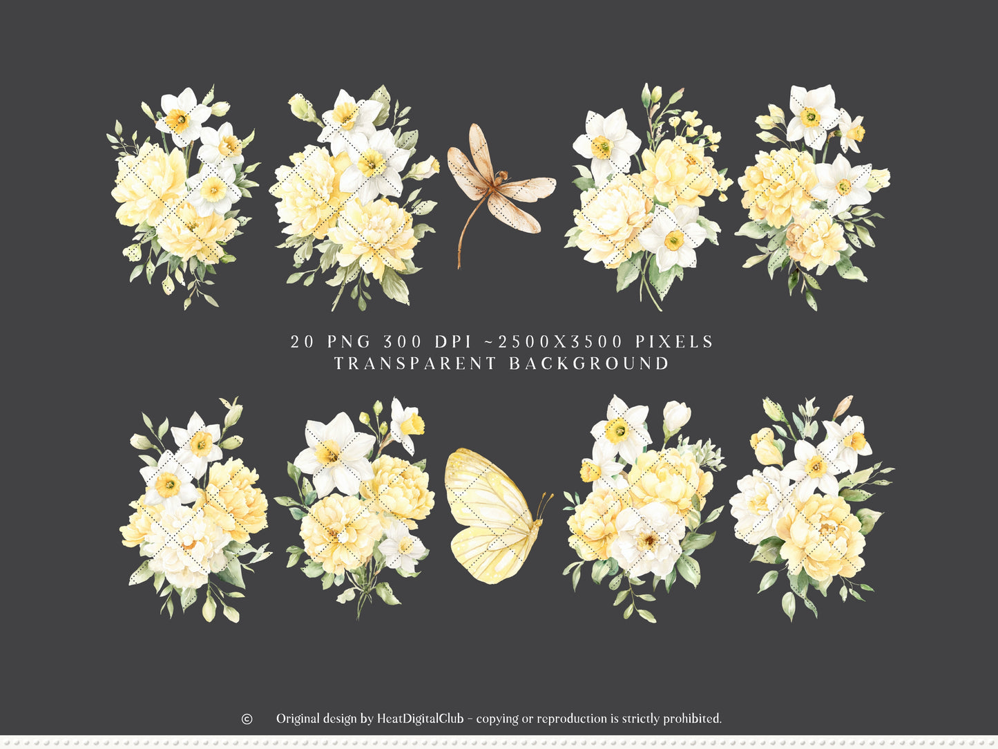 Summer Aperitivo - Floral Arrangements Clipart, Italian Citrus Flowers, Narcissus Bouquet, Yellow Botanical | 20 PNG