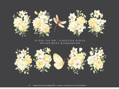 Summer Aperitivo - Floral Arrangements Clipart, Italian Citrus Flowers, Narcissus Bouquet, Yellow Botanical | 20 PNG
