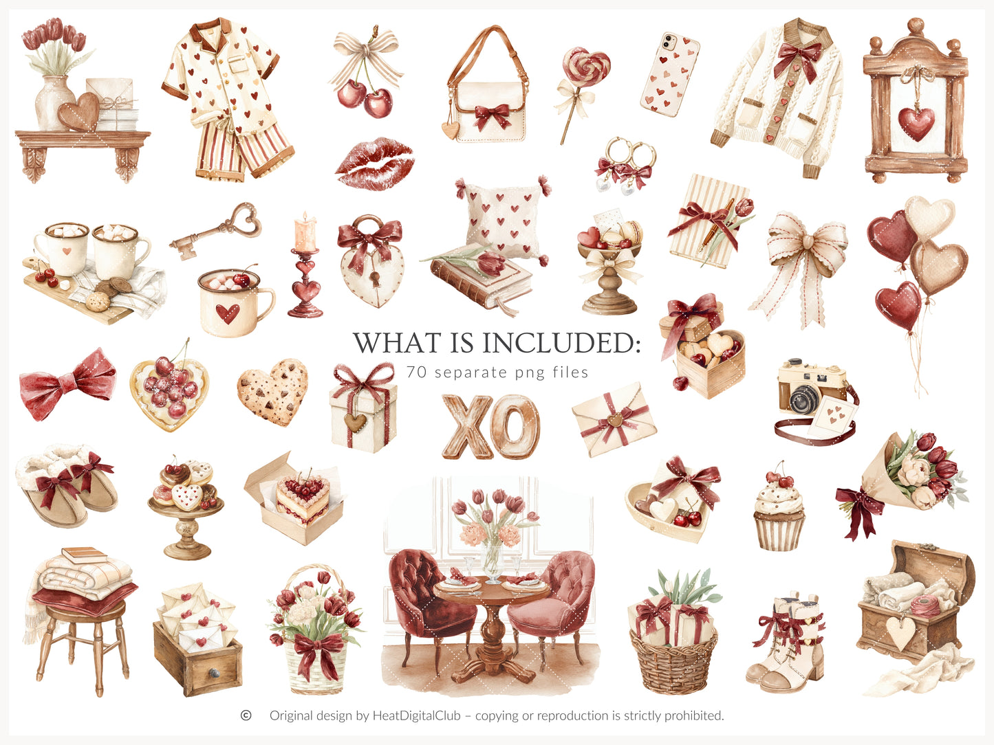 Cherry in Love - Valentine's Day Clipart, Cute Animals, Hearts, Cupcakes, Romantic Love | 70 PNG