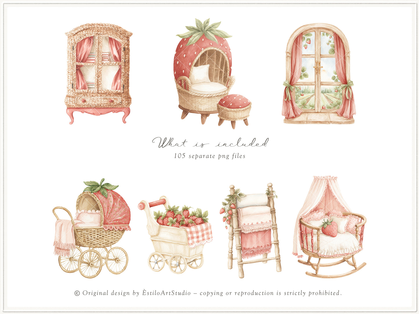 Strawberry Atelier - Bundle Clipart, Cottagecore Nursery, Baby Girl Birthday, Heirloom Toys, Spring | 119 PNG/JPEG