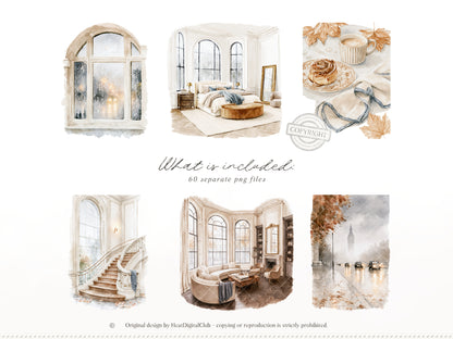 Gentle Fall - Clipart, London Autumn, Cozy Autumn, Neutral Fall Aesthetic, Rainy Day | 60 PNG
