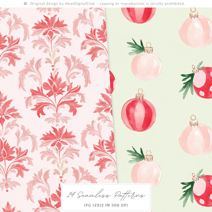 Merry Christmas - Seamless Patterns Set 1, Grandmillennial Holiday, Stripes, Plaid | 14 JPEG