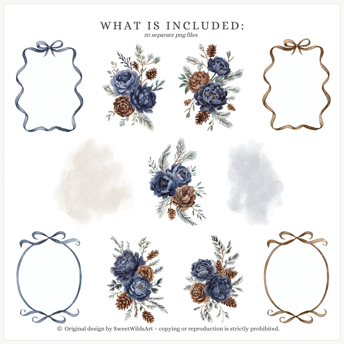 Winter Classics - Floral Arrangements Clipart, Blue Brown Peonies, Snowy Greenery | 30 PNG