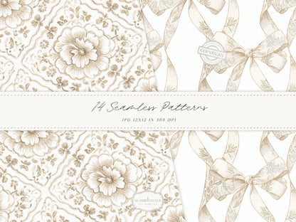 Grandmillennial Set 8 - Seamless Patterns, Beige Neutral Floral, Estate Botanical, Stripes, Damask Patterns | 14 JPEG