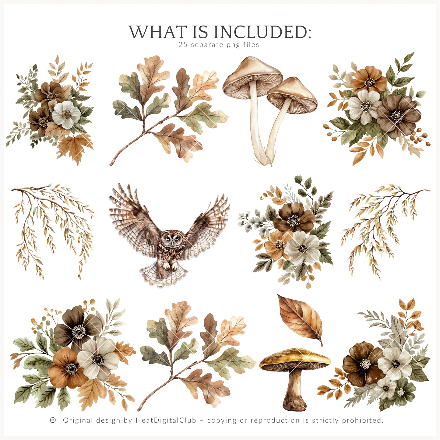 Autumn Gallery - Floral Arrangements Clipart, Fall, Green Beige, Pumpkins | 25 PNG