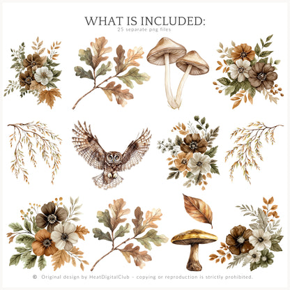 Autumn Gallery - Floral Arrangements Clipart, Fall, Green Beige, Pumpkins | 25 PNG