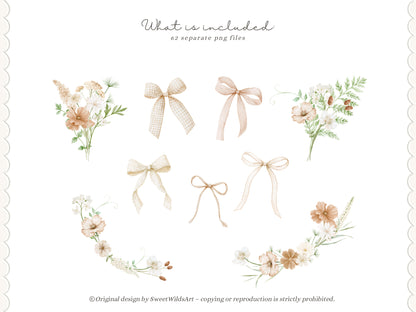 Sweet Wilds - Flowers Clipart, Meadow Flowers, Neutral Floral, Beige Ivory Flowers, Wildflower Baby Shower | 68 PNG/JPEG