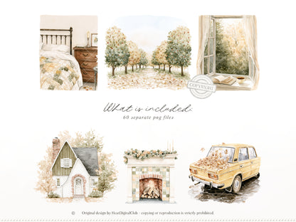 Beloved Fall - Autumn Clipart, Cozy Fall Elements, Pumpkin Clipart, Cottage Fall | 60 PNG