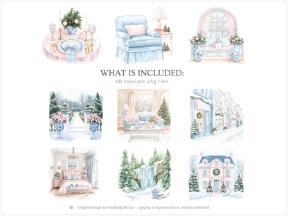 Pastel Noël - Christmas Clipart, Grandmillennial Winter, Pink & Blue Holiday | 60 PNG