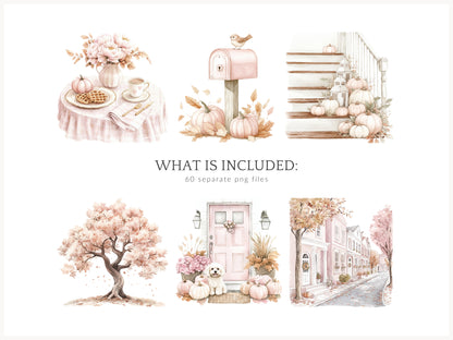 Falling Pretty - Fall Clipart, Autumn, Pink Pumpkins, Coquette | 60 PNG