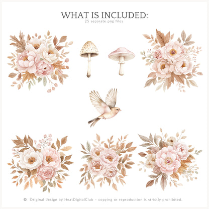 Falling Pretty - Floral Arrangements Clipart, Flowers, Autumn Leaves | 25 PNG