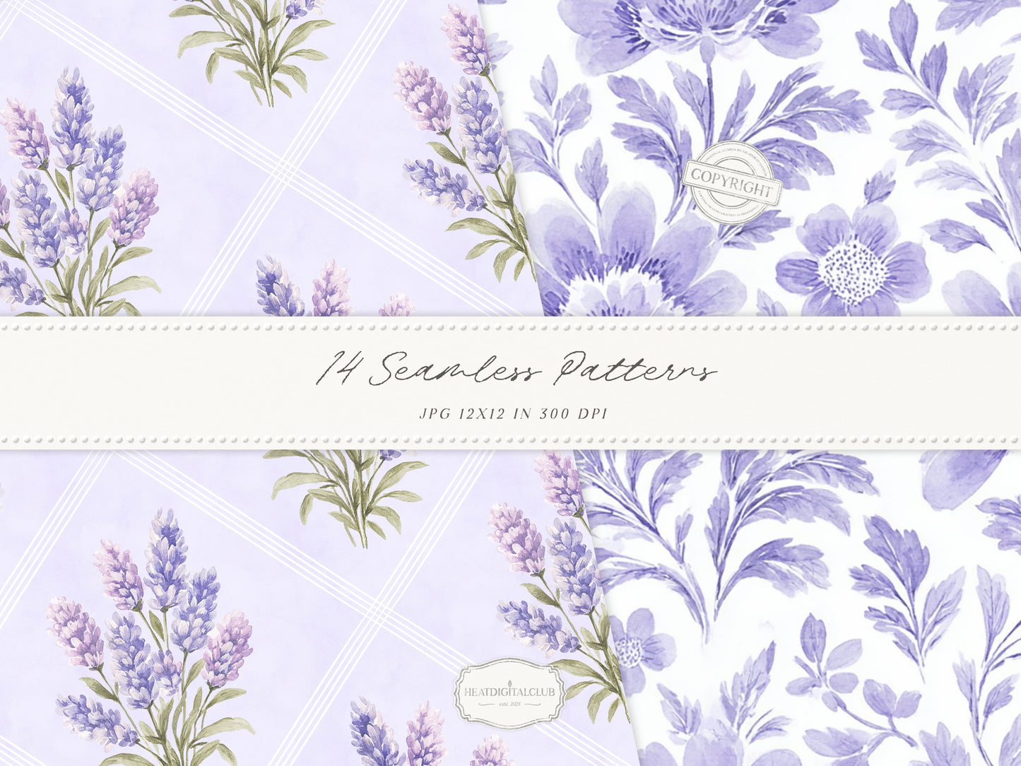 Grandmillennial Set 7 - Seamless Patterns, Lavender Floral, Purple Stripe, Plaid, Elegant Botanical Patterns | 14 JPEG