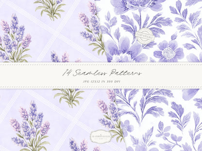 Grandmillennial Set 7 - Seamless Patterns, Lavender Floral, Purple Stripe, Plaid, Elegant Botanical Patterns | 14 JPEG