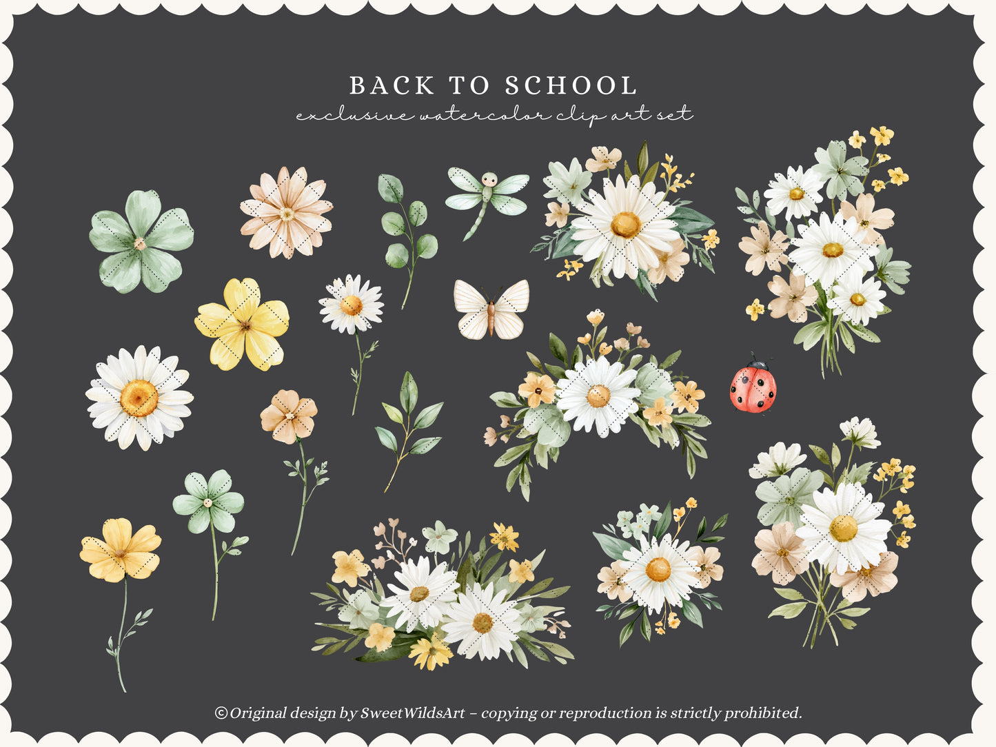 Back To School - Watercolor Floral Arrangements Clipart Bundle, School Additions | 26 PNG