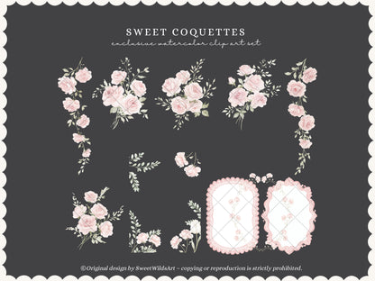 Sweet Coquettes - Floral Arrangements Clipart, Pink Roses Bouquet, Coquette Flowers, Baby Shower Florals | 24 PNG
