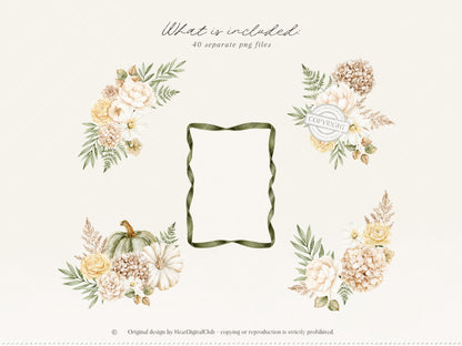 Beloved Fall - Autumn Floral Arrangements Clipart, Pumpkin Flowers, Neutral Fall Flowers, Botanical |