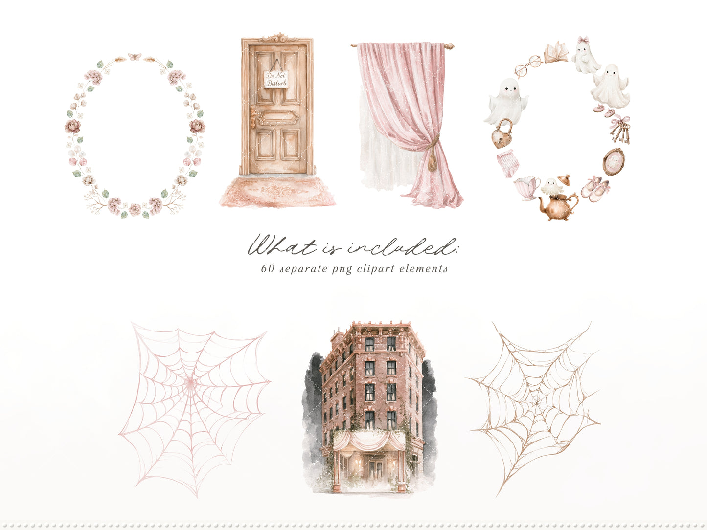 Ghost Room - Watercolor Pink Halloween Clipart and Seamless Patterns Bundle | 68 PNG/JPEG