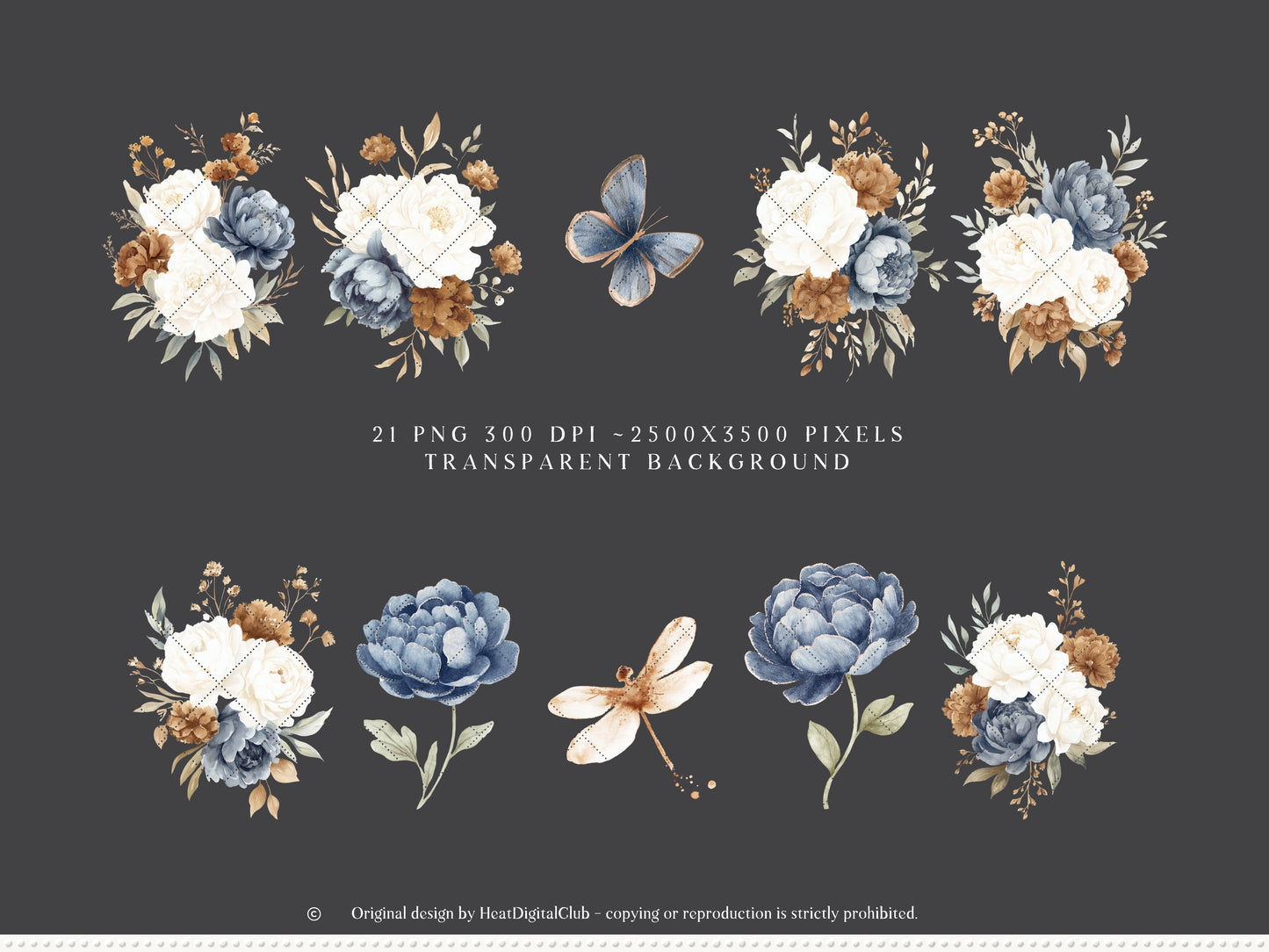 Coffee & Denim - Floral Arrangements Clipart, Blue Ivory Flowers, Coffee Aesthetic,  Botanical | 21 PNG
