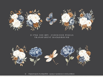 Coffee & Denim - Floral Arrangements Clipart, Blue Ivory Flowers, Coffee Aesthetic,  Botanical | 21 PNG