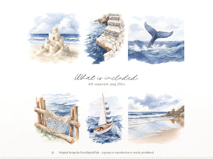 Cold Shore - Clipart, Navy Coastal Girls, Summer Beach, Nautical Graphics, Blue Sea Fashion | 60 PNG