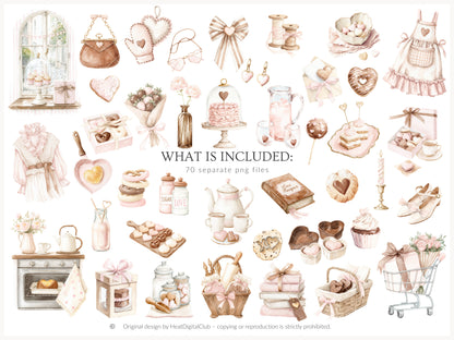 Sweet Romance - Valentine's Day Bakery Clipart, Romantic Baking, Love Aesthetic | 70 PNG