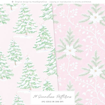 Merry Christmas - Seamless Patterns Set 4, Grandmillennial Holiday, Stripes, Plaid | 14 JPEG