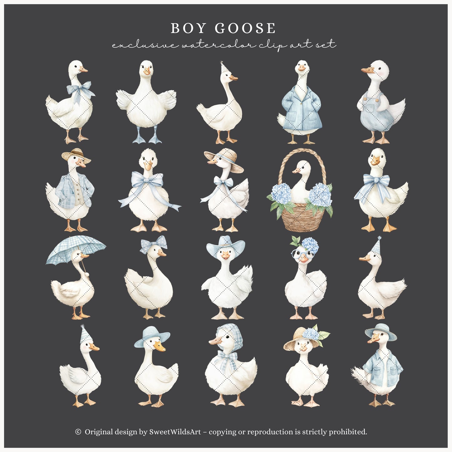 Boy Goose - Clipart, Blue Silly Goose, Coquette Nursery, Birthday | 44 PNG