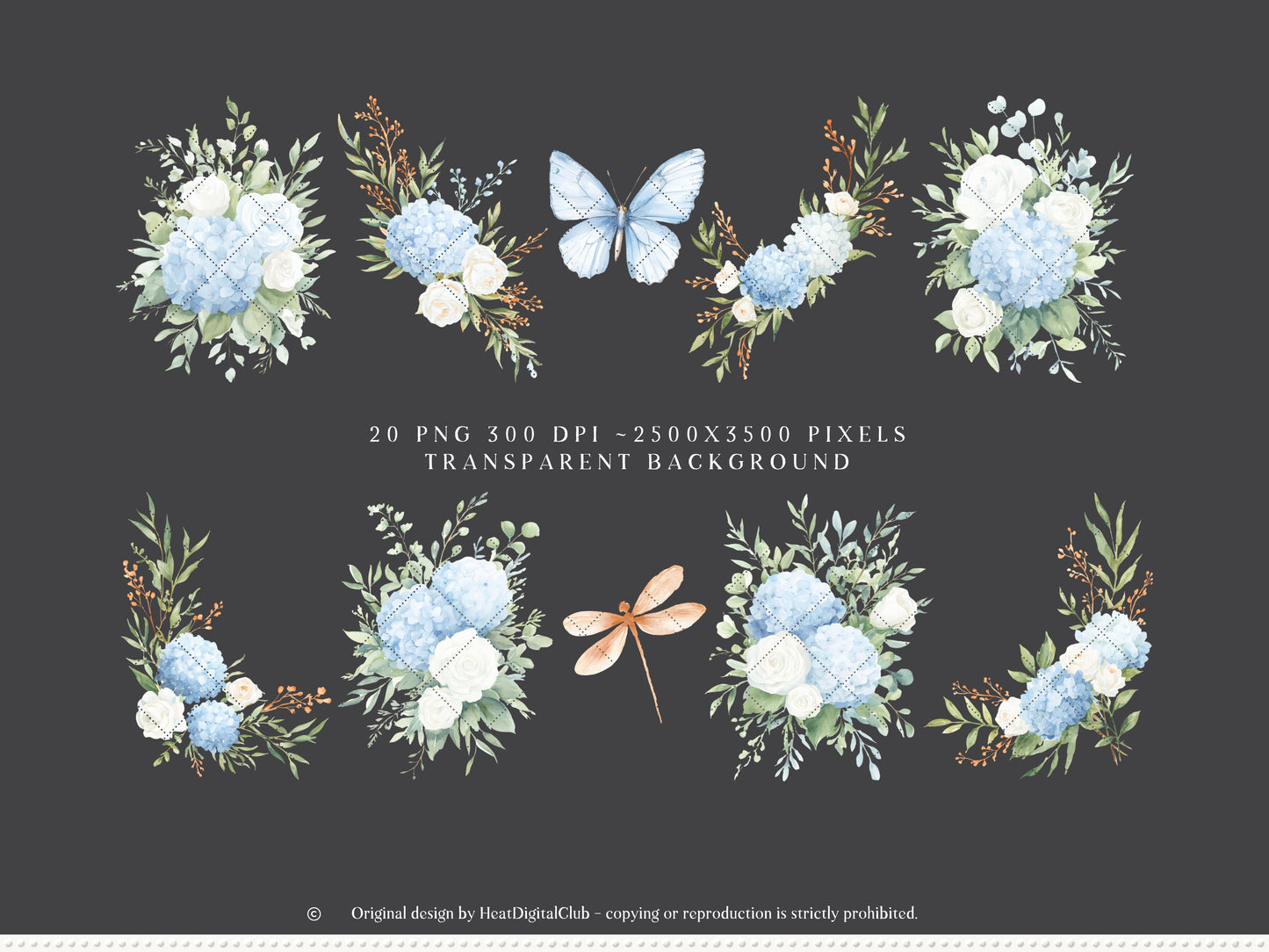Modern Cinderella -  Floral Arrangements, Blue Hydrangea, White Roses , French Floral, Romantic Flowers | 20 PNG