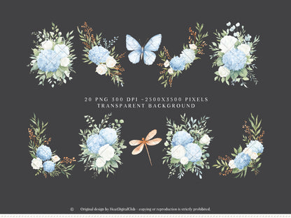 Modern Cinderella -  Floral Arrangements, Blue Hydrangea, White Roses , French Floral, Romantic Flowers | 20 PNG