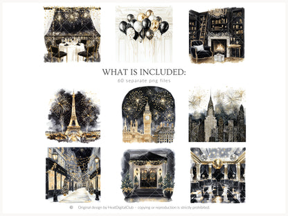 Happy New Year - Clipart, Black Gold Silver Party,  Balloons Champagne, Holiday | 60 PNG