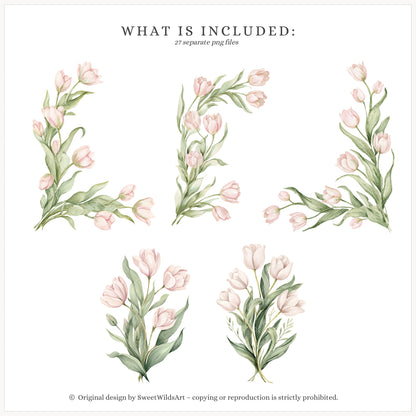 Sweet Meadow - Floral Arrangements Clipart, Spring Tulips, Pink Cottage, Easter Bouquet, Nursery