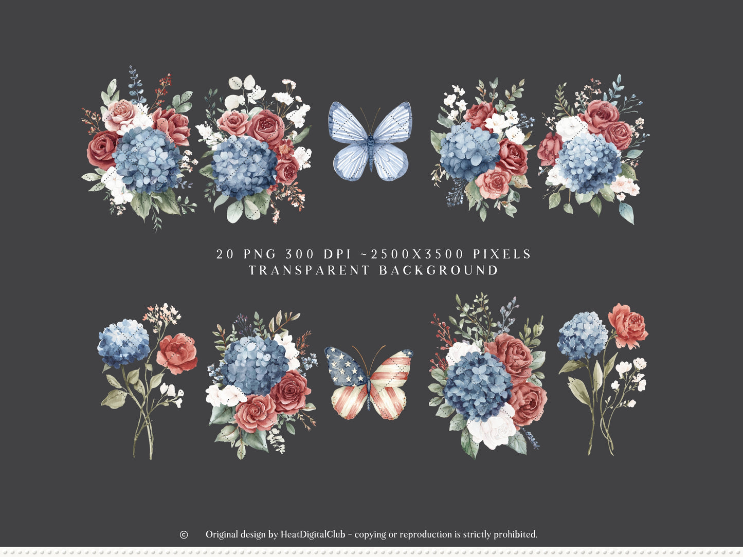 Quiet Americana - Floral Arrangements Clipart, Hydrangea Roses, Patriotic Flowers, Bouquets, 4th of July | 20 PNG