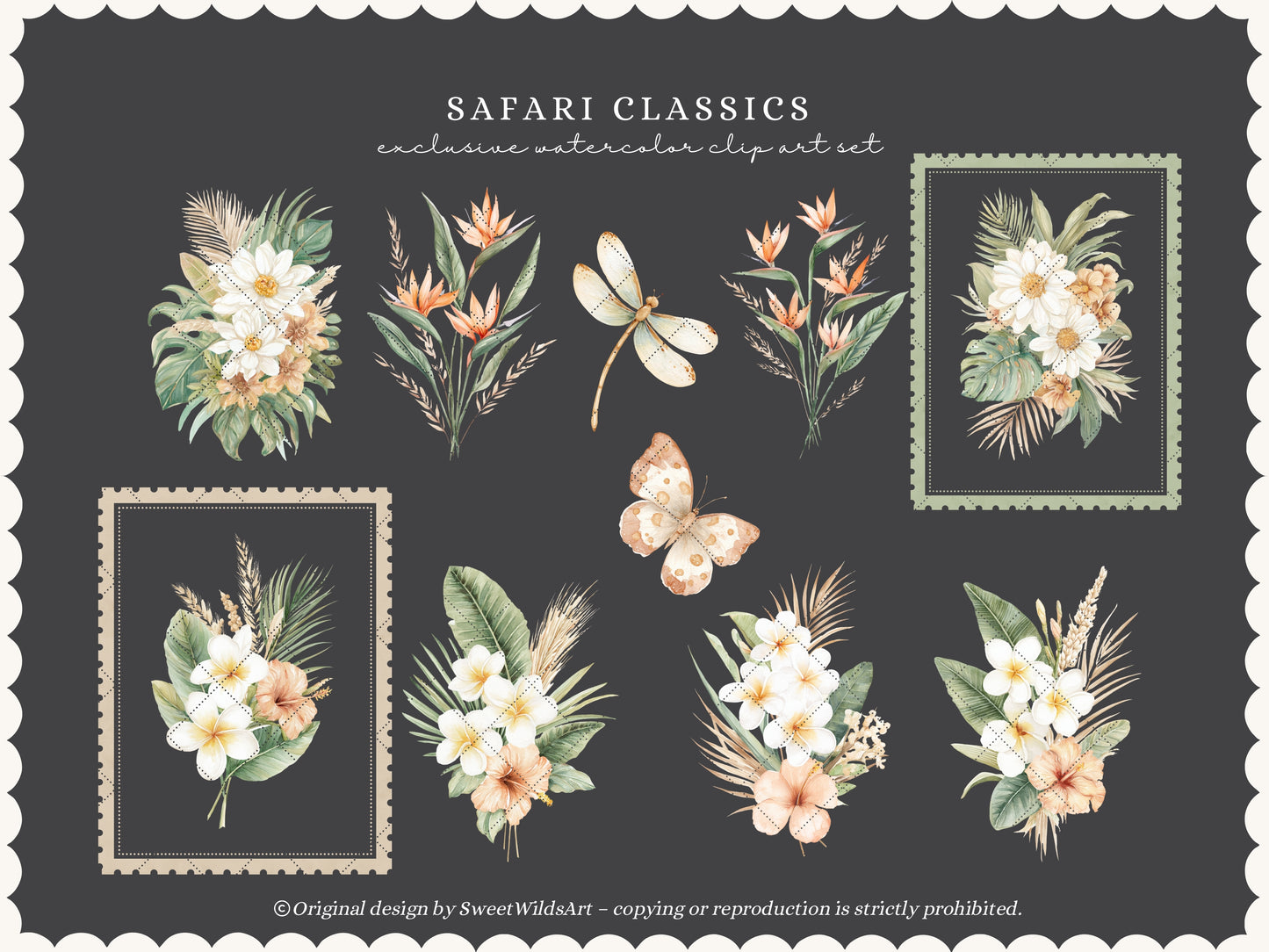 Safari Classics - Floral Arrangements Clipart, Tropical Flowers, Plumeria Hibiscus Leaves, Jungle | 24 PNG