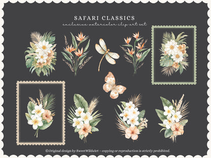 Safari Classics - Floral Arrangements Clipart, Tropical Flowers, Plumeria Hibiscus Leaves, Jungle | 24 PNG