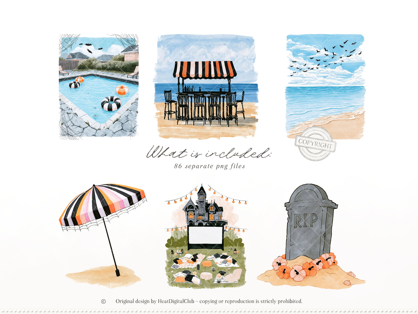 Summerween - Clipart Bundle, Halloween Summer, Spooky Beach Party, Pink Orange Black, Seamless Patterns | 96 PNG/JPEG