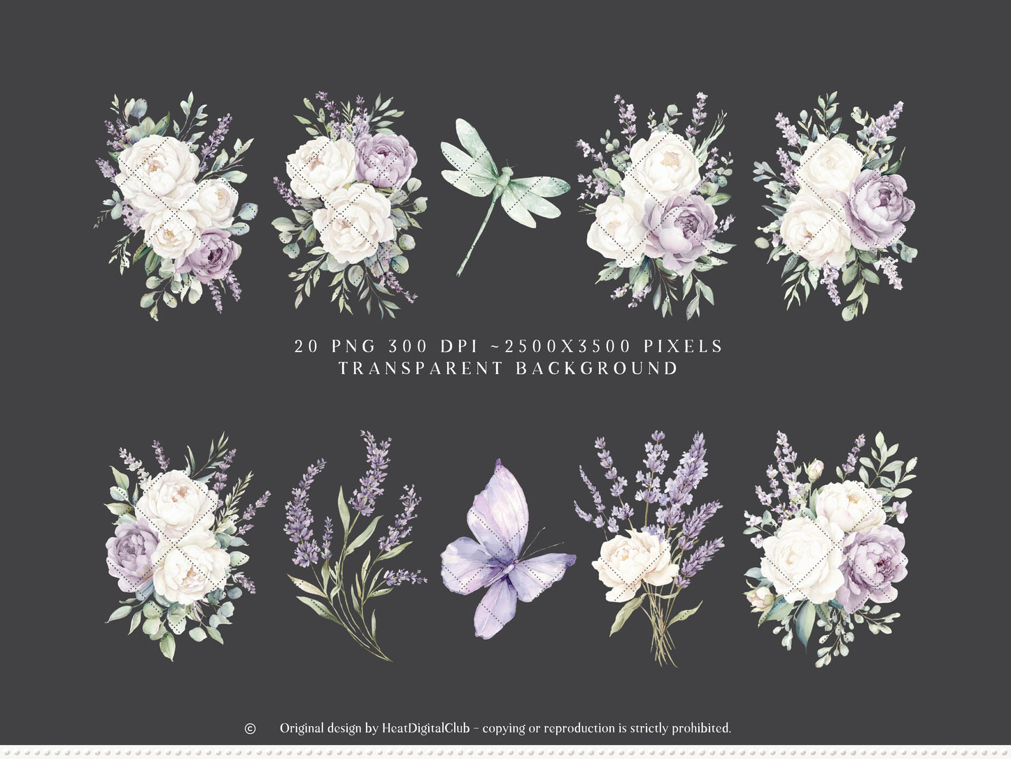 Pistachio Lavender - Floral Arrangements Clipart, Ivory Peony & Lavender Bouquet, Spring French Botanical | 20 PNG