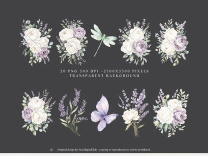 Pistachio Lavender - Floral Arrangements Clipart, Ivory Peony & Lavender Bouquet, Spring French Botanical | 20 PNG